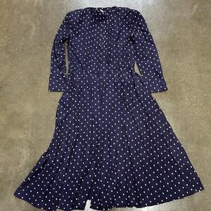 Karen Green Dress Womens Medium Navy Polka Dot Long Sleeve Button Front Midi